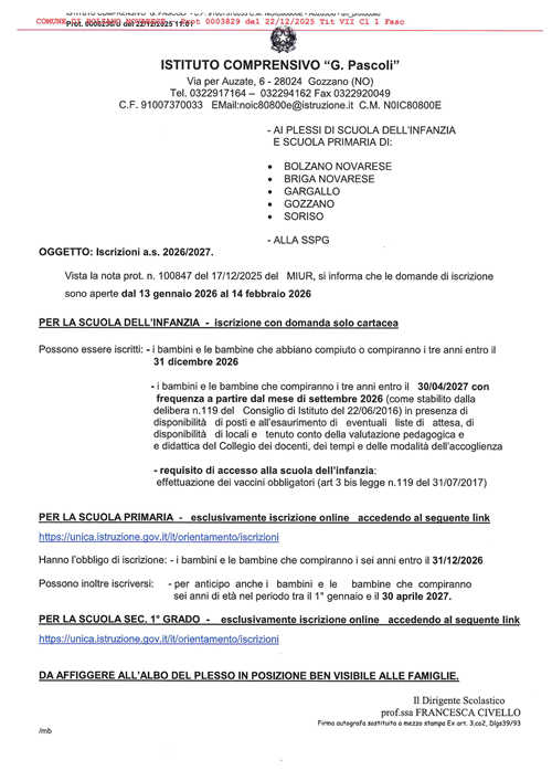 Iscrizioni scuola dell'Infanzia e Primaria a.s. 2026/2027