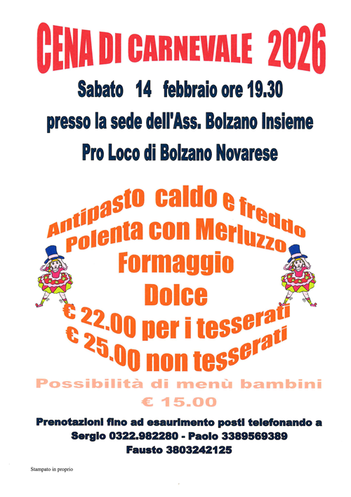 La Pro Loco Bolzano Insieme organizza la cena di carnevale