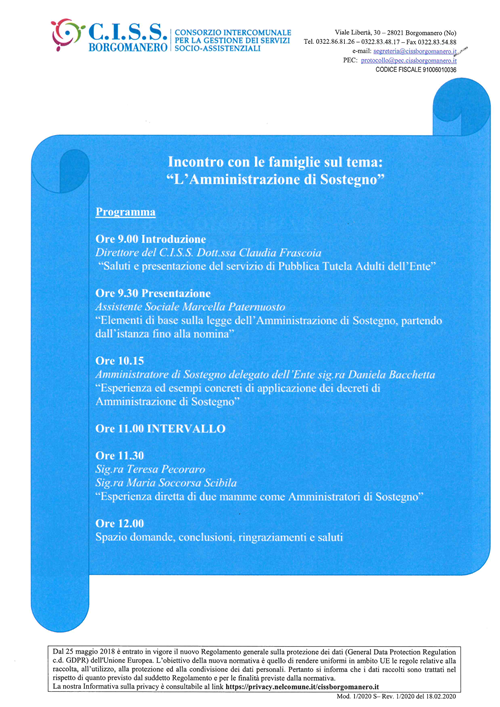 27 gennaio 2026
Incontro gratuito sull'Amministrazione di Sostegno
ore 9.00 presso CISS di Borgomanero