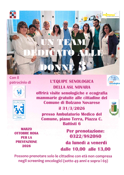 Visita senologica ed ecografia mammaria gratuita alle cittadine del Comune di Bolzano Novarese
di età sotto i 49  e sopra i 69 anni