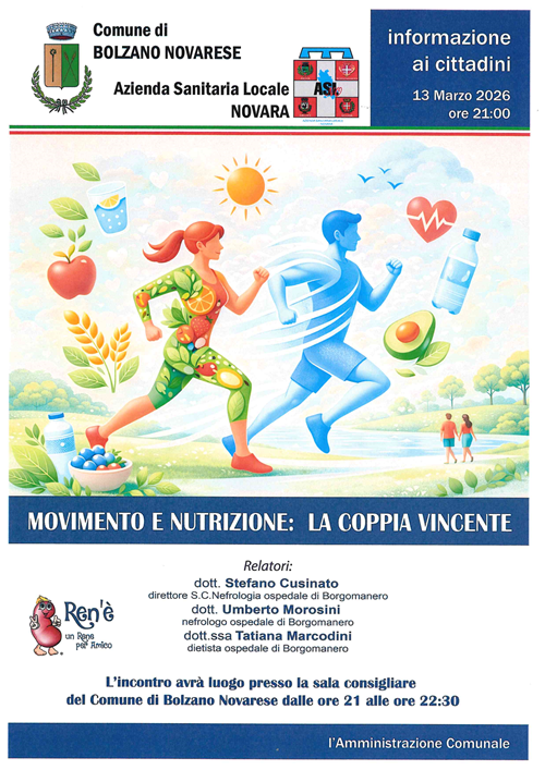 Movimento e nutrizione: la coppia vincente
incontro del 13 marzo 2026 ore 21.00  presso la sala consigliare del Comune di Bolzano Novarese