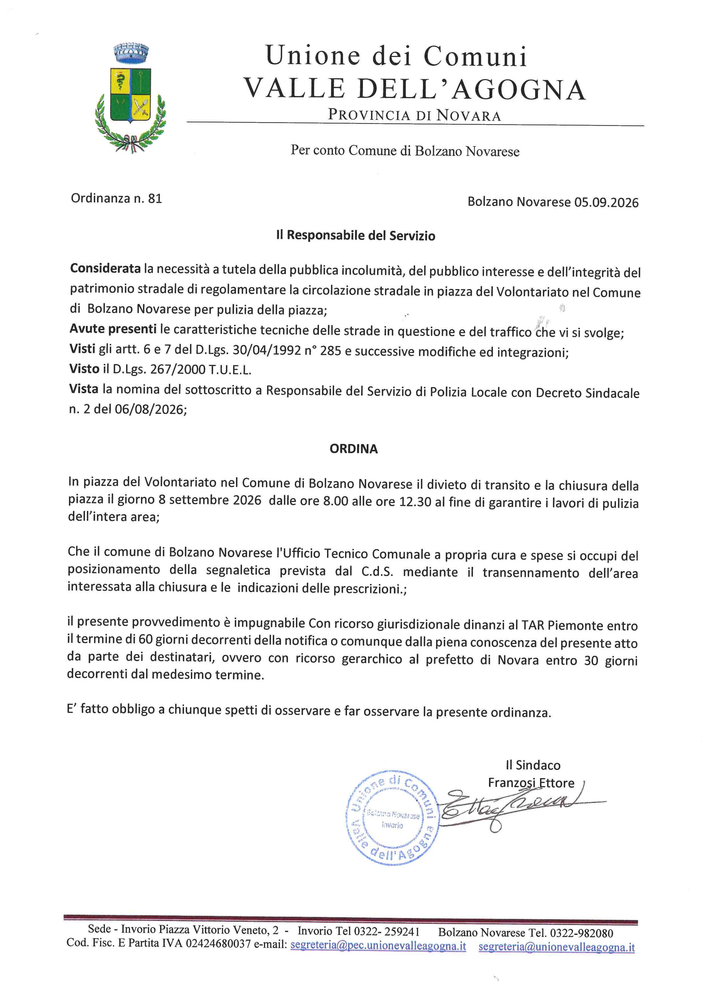 Ordinanza n. 81 del 05.09.2026 - Divieto di Sosta Piazza del Volontariato per lavori di pulizia area